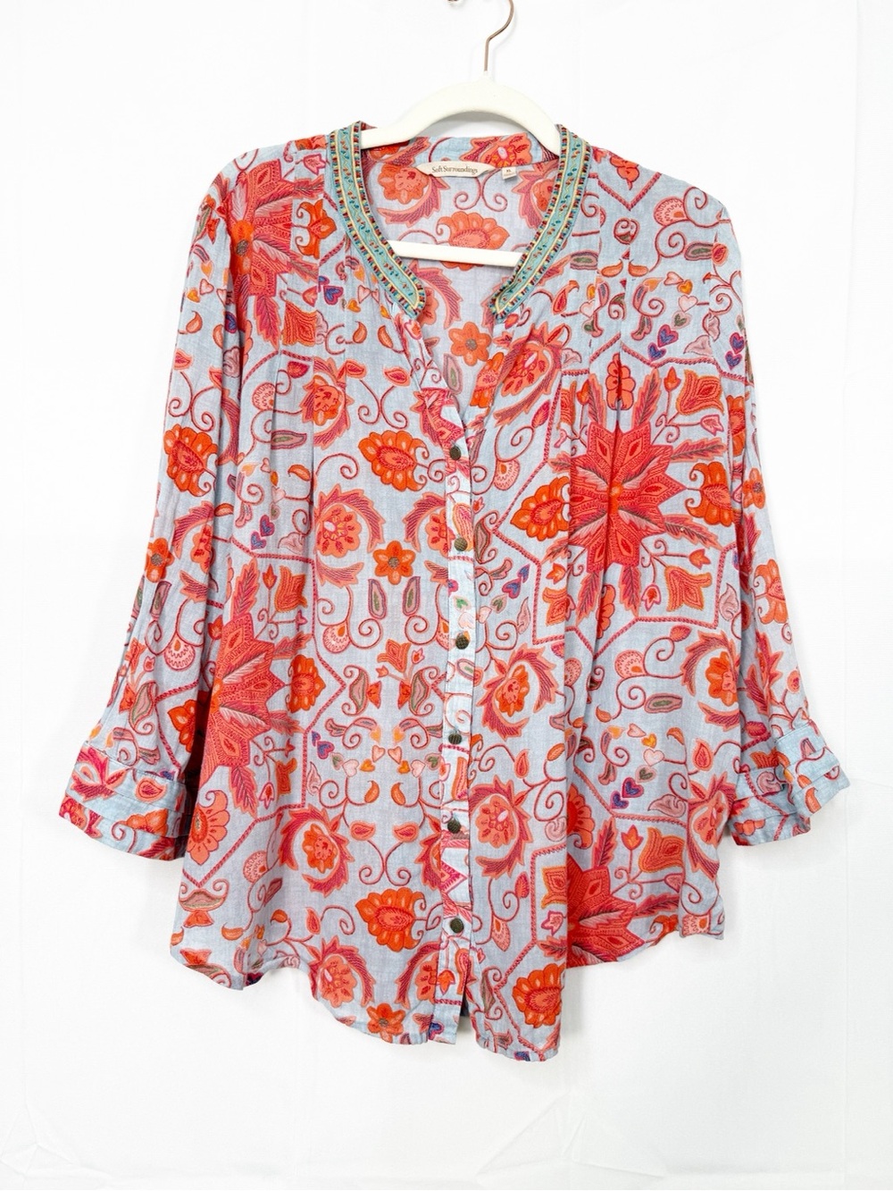 Soft Surroundings Floral Hearts Embroidered Collar Top Cotton Bohemian Coastal